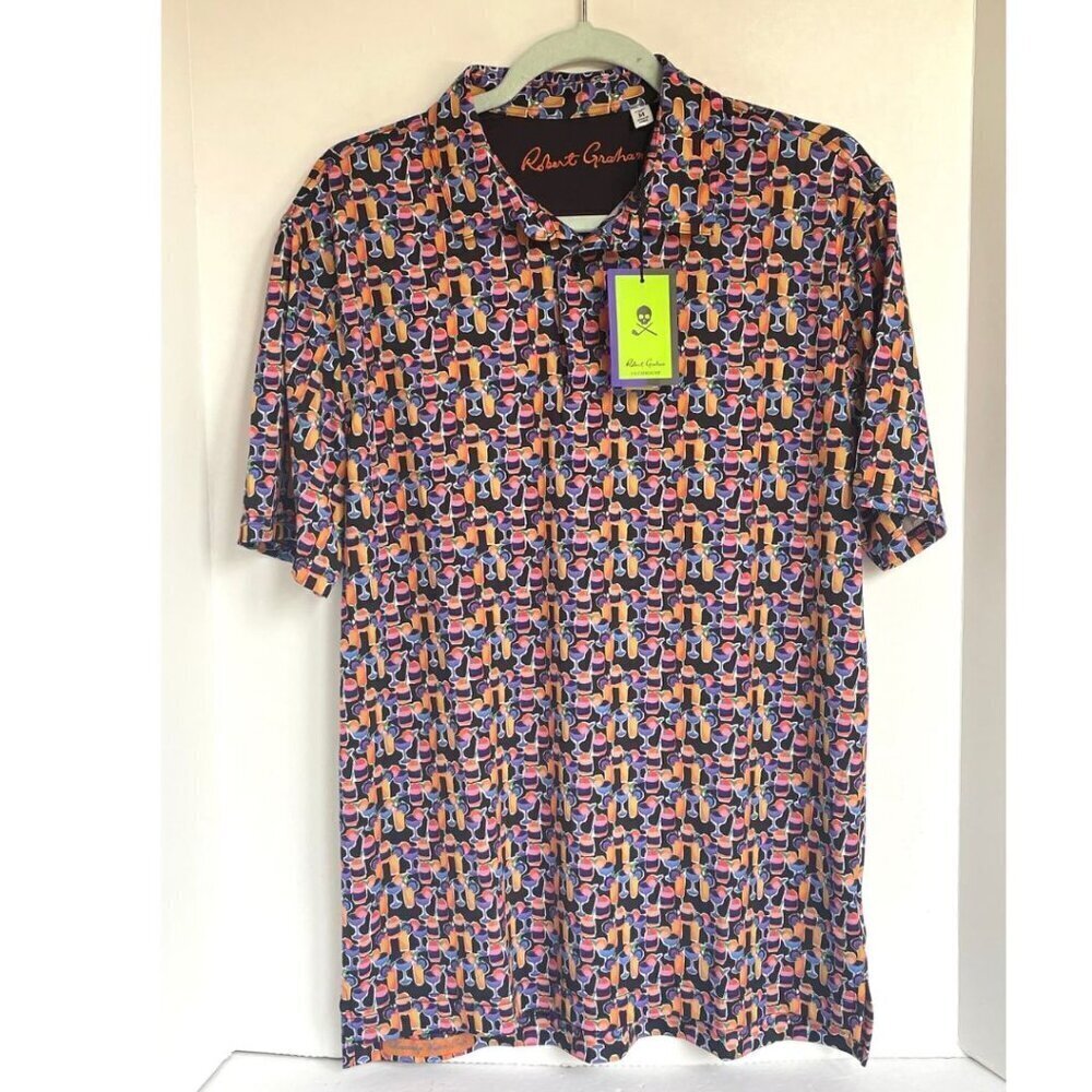 Robert Graham Polo Shirt Mens M Black Cocktail Print Short Sleeve